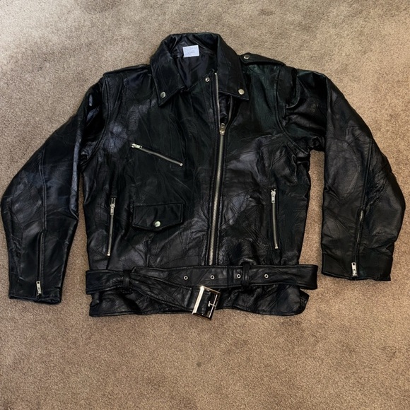 Vintage 90's Flight Path Black Leather Jacket Moto Biker Patchwork Size M - Picture 3 of 12